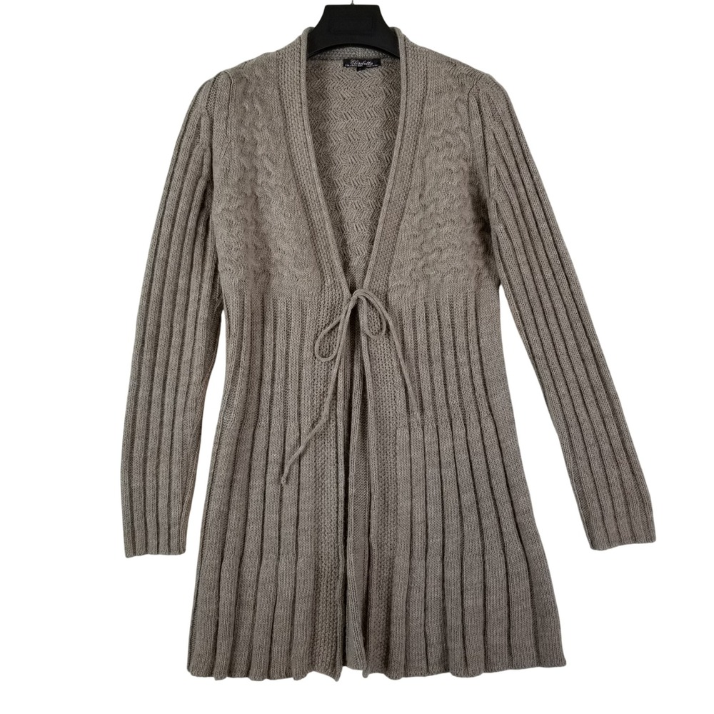 Elisabetta Collection Cardigan Womens L Taupe Mohair Wool Blend Tie Front Italy